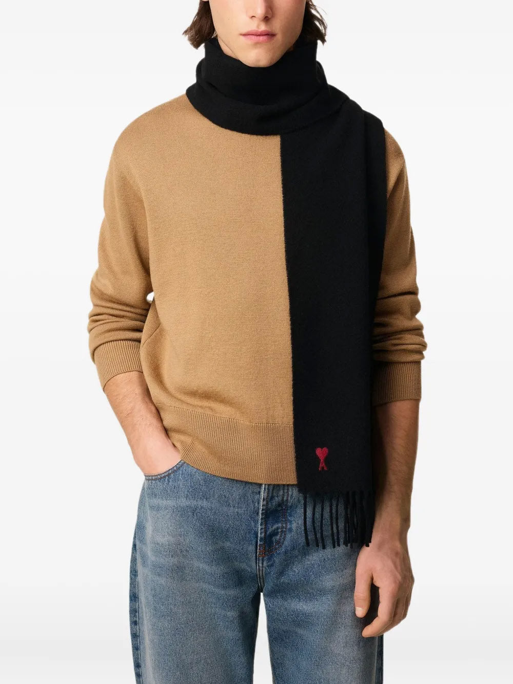 AMI PARIS-Sciarpa in lana con logo ricamato e frange-