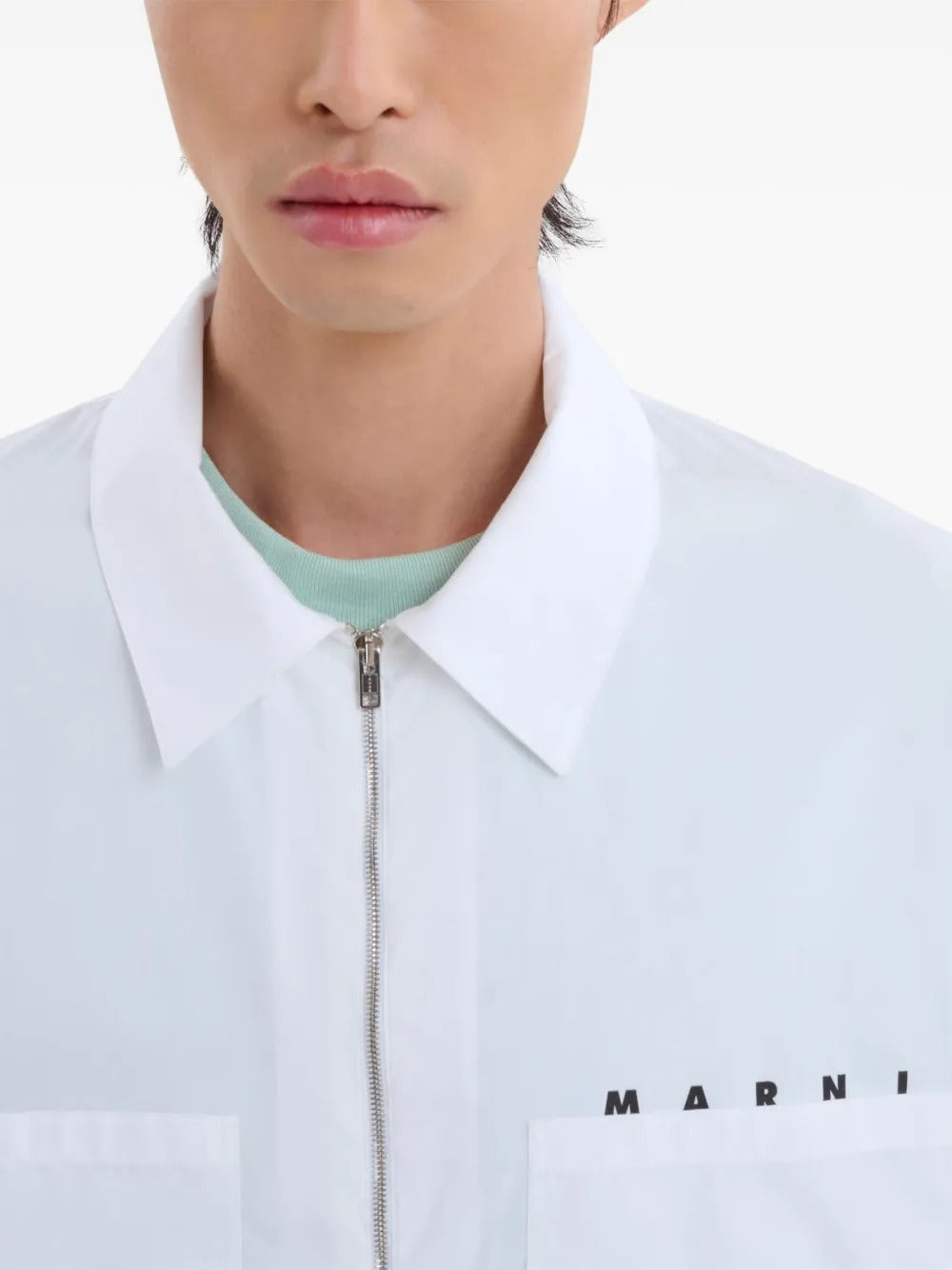 MARNI-logo-print zip-up cotton shirt-