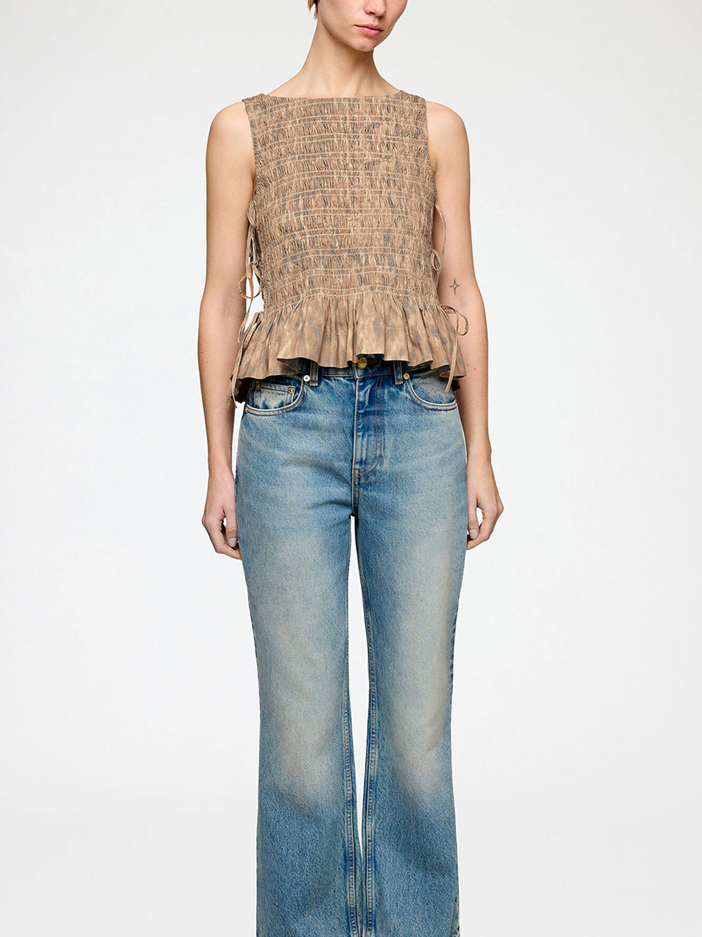 Printed Stretch Cotton Smocked Tie String Top