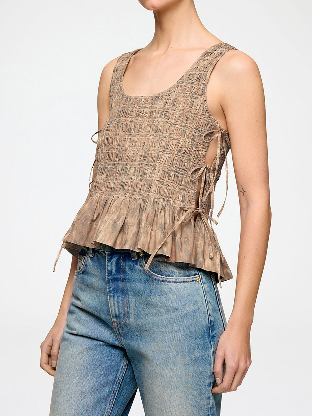 Printed Stretch Cotton Smocked Tie String Top
