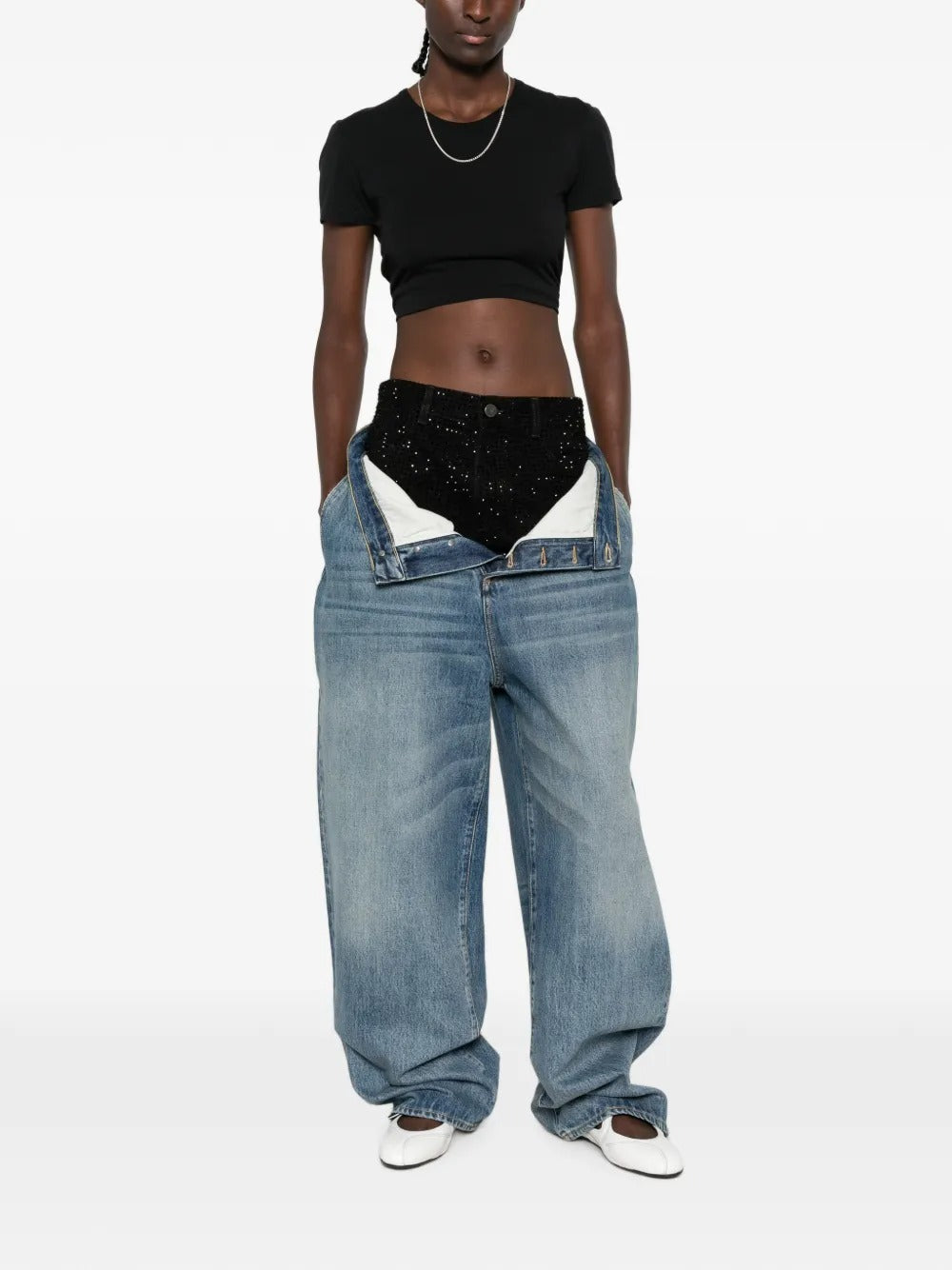 layered jeans and crystal embellishments