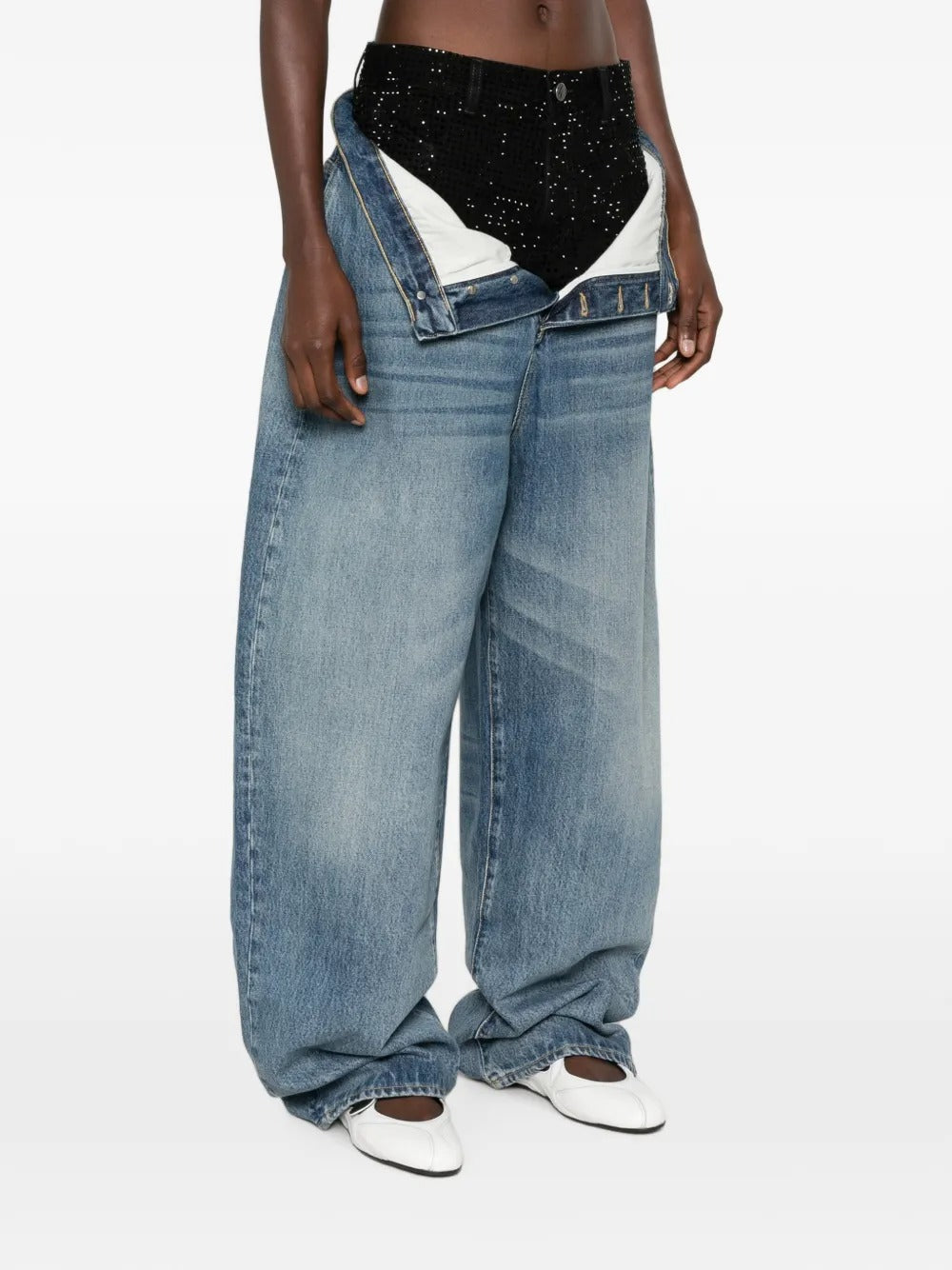 layered jeans and crystal embellishments