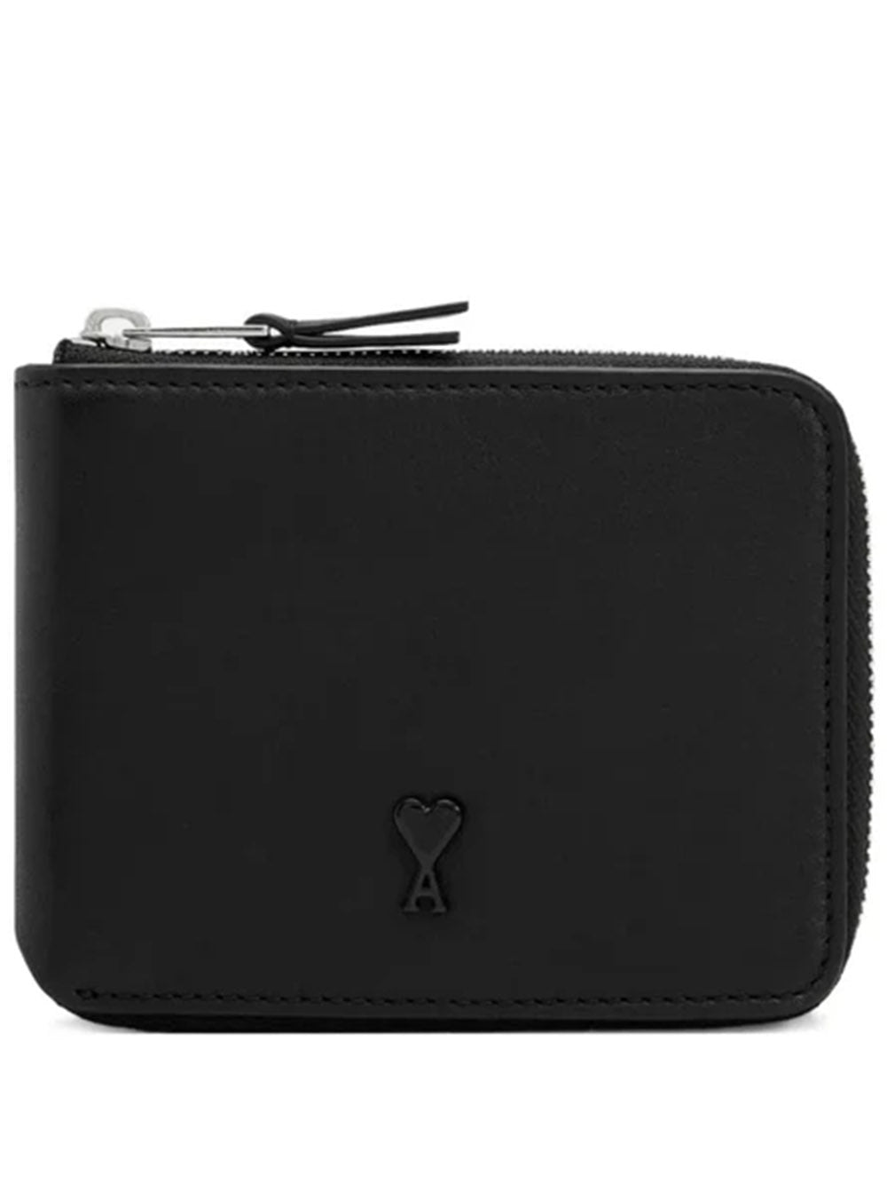 AMI PARIS-Compact Wallet in Smooth Black Leather-