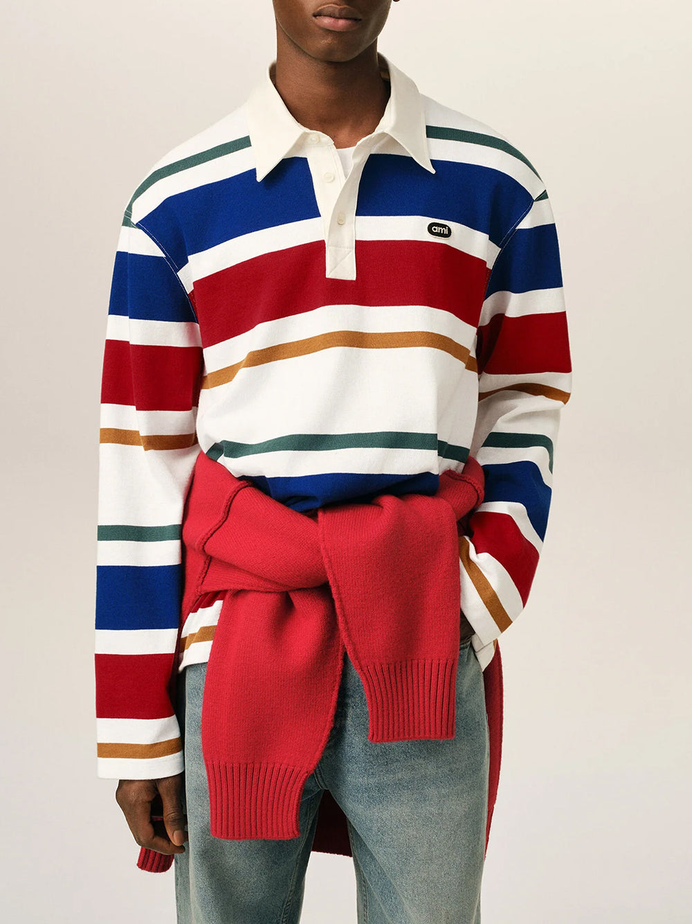 STRIPED POLO WITH AMI BOUCLETTE OVAL PATCH