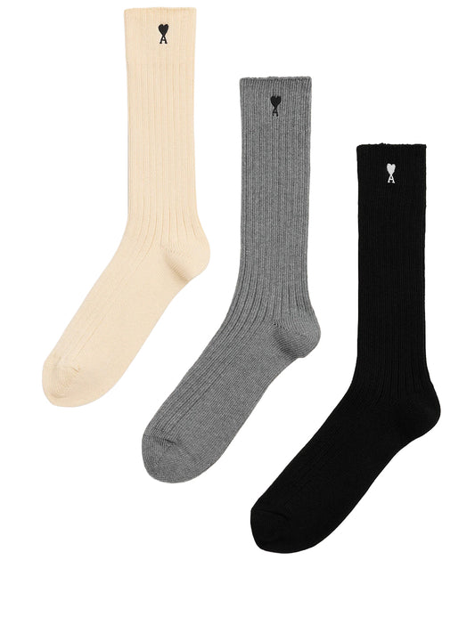 AMI PARIS-PACK THREE AMI DE COEUR EMBROIDERY SOCKS-