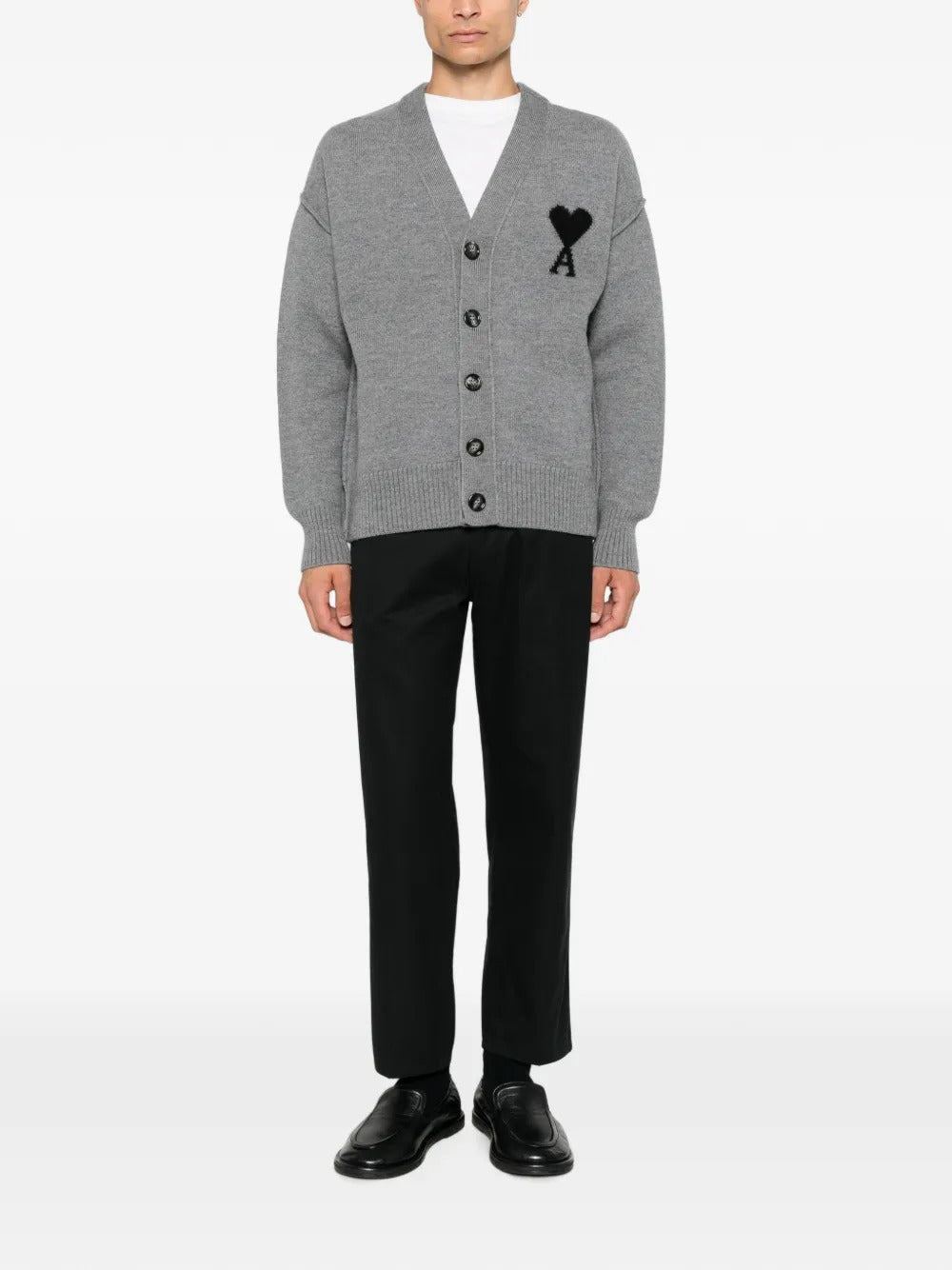 AMI PARIS-V NECK CARDIGAN WITH CONTRASTED AMI DE COEUR-
