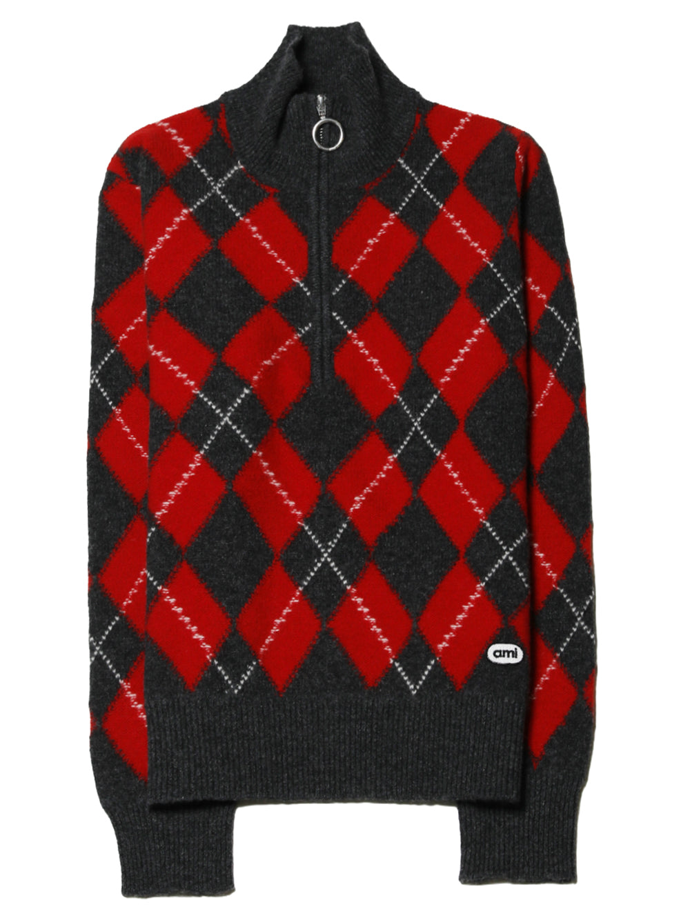 AMI PARIS-ZIPPED COLLAR SWEATER WITH AMI BOUCLETTE OVAL PATCH-