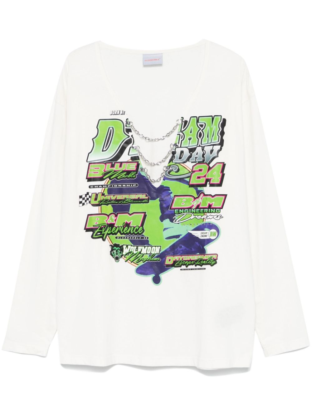 BLUEMARBLE-Moto print & chain v-neck longsleeves t-shirt-