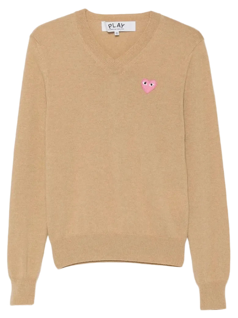 COMME DES GARÇONS PLAY-Wool sweater with heart applique and V-neck-