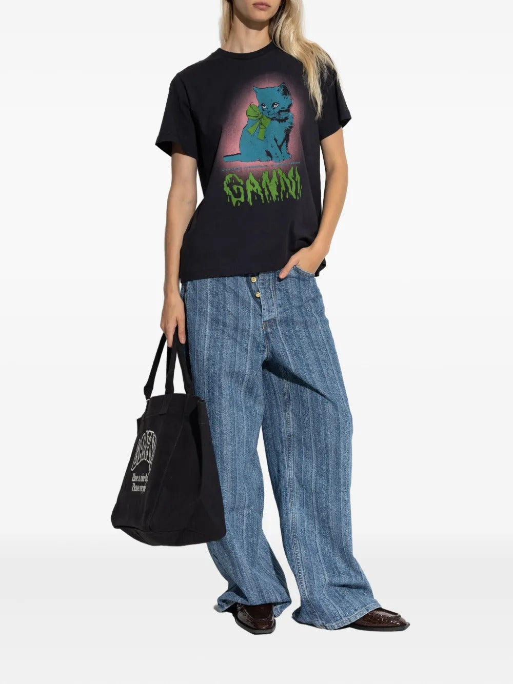 GANNI-Basic Cotton Jersey Neon Kitty T-shirt-