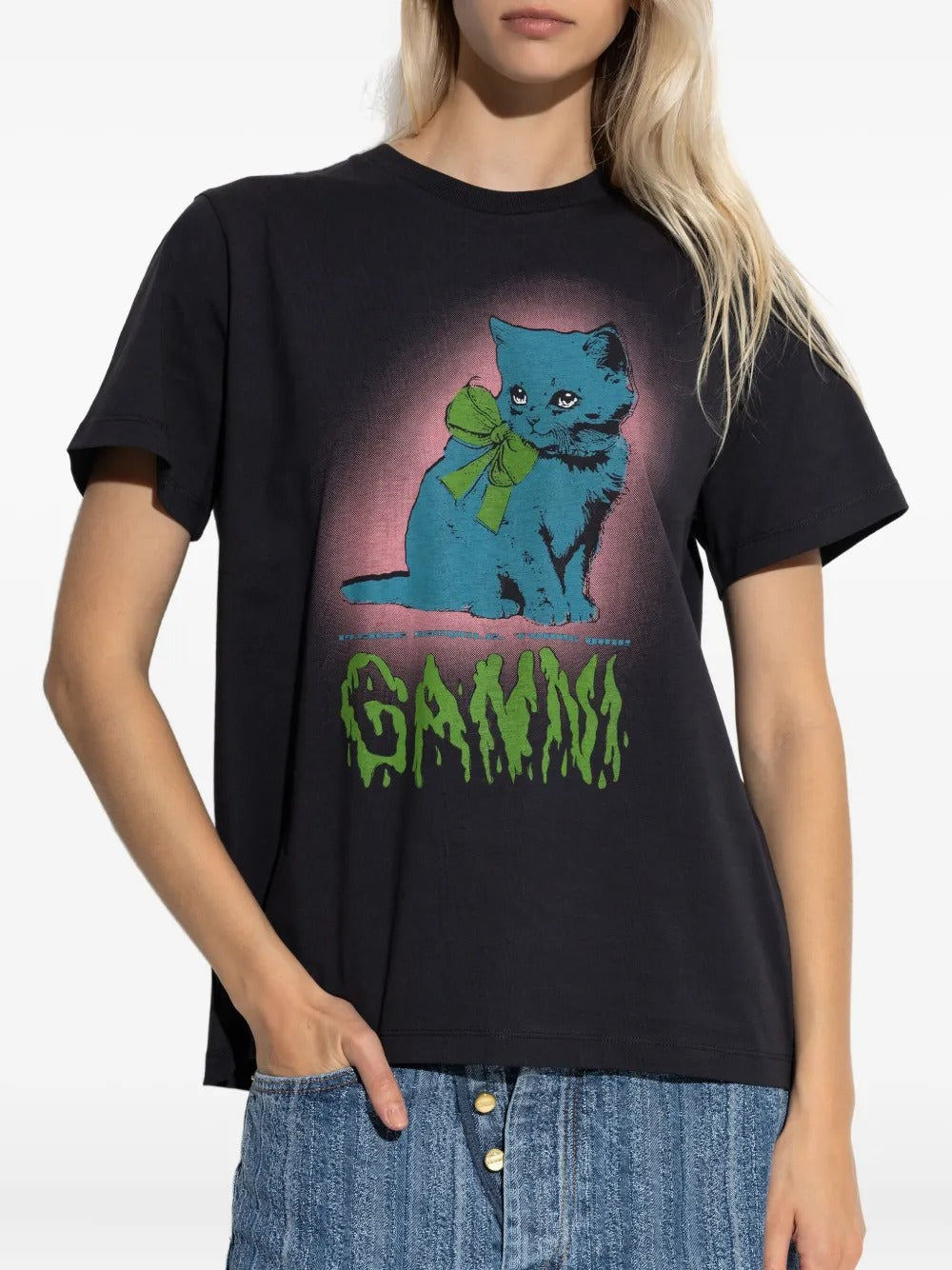 GANNI-Basic Cotton Jersey Neon Kitty T-shirt-