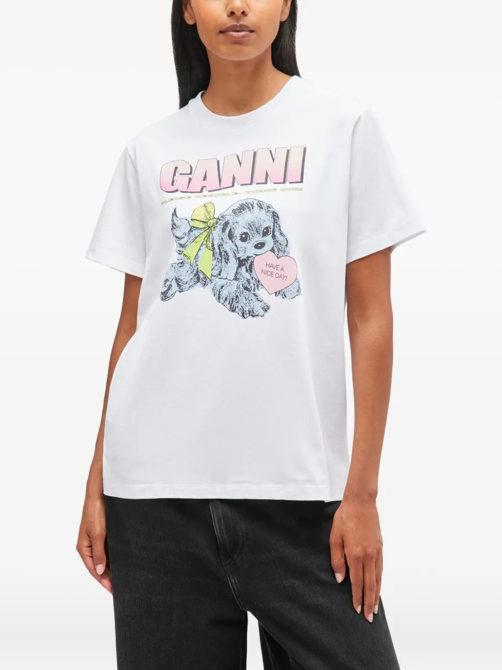 GANNI-Basic Cotton Jersey Neon Puppy T-shirt-