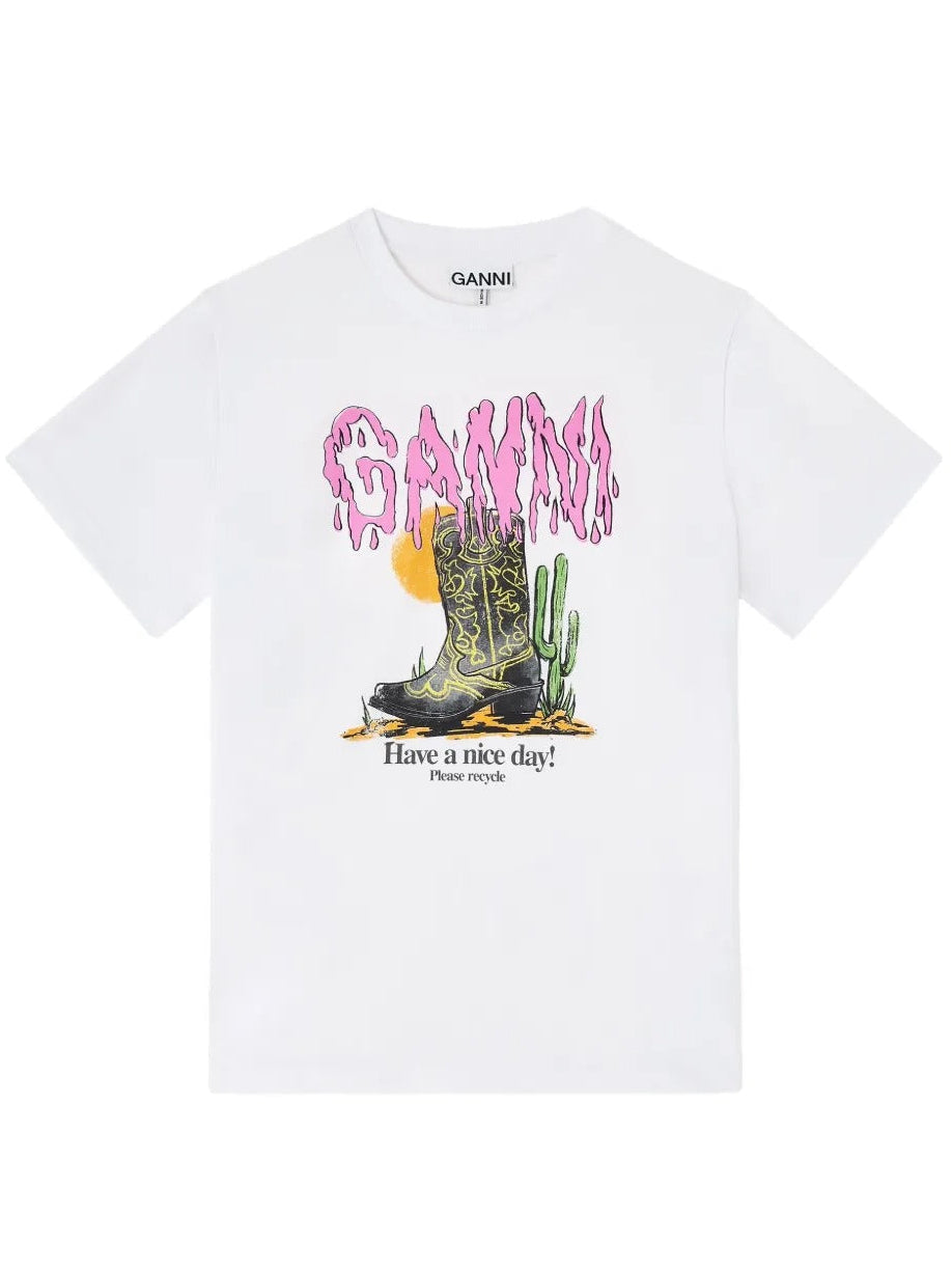GANNI-Basic Cotton Jersey T-shirt Boots Print-