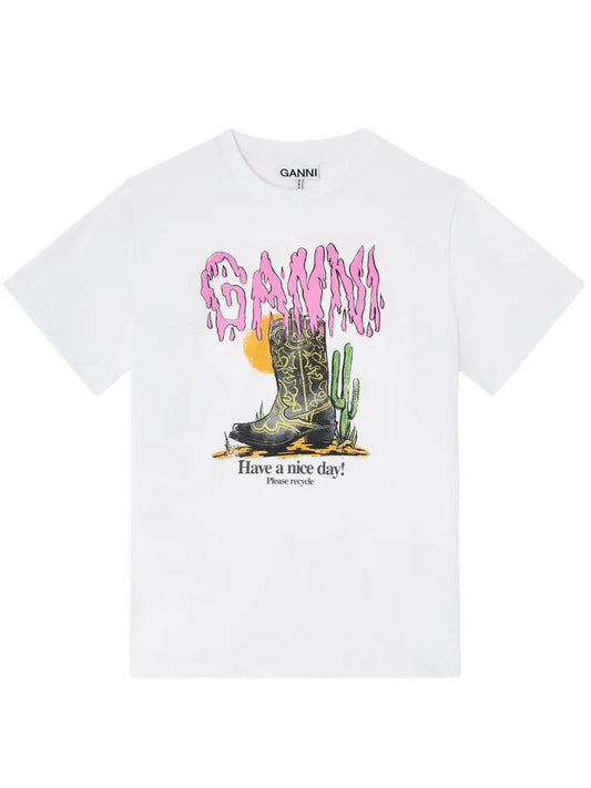 GANNI-Basic Cotton Jersey T-shirt Boots Print-