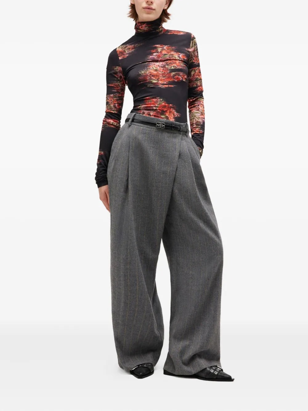 GANNI-Brushed Wool Stripe Mid Waist Pants-