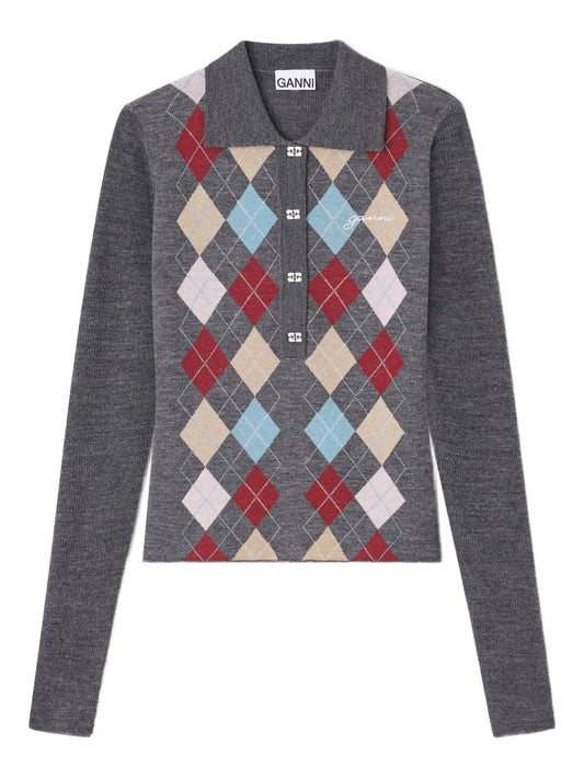 GANNI-Fine Merino Jacquard Polo-