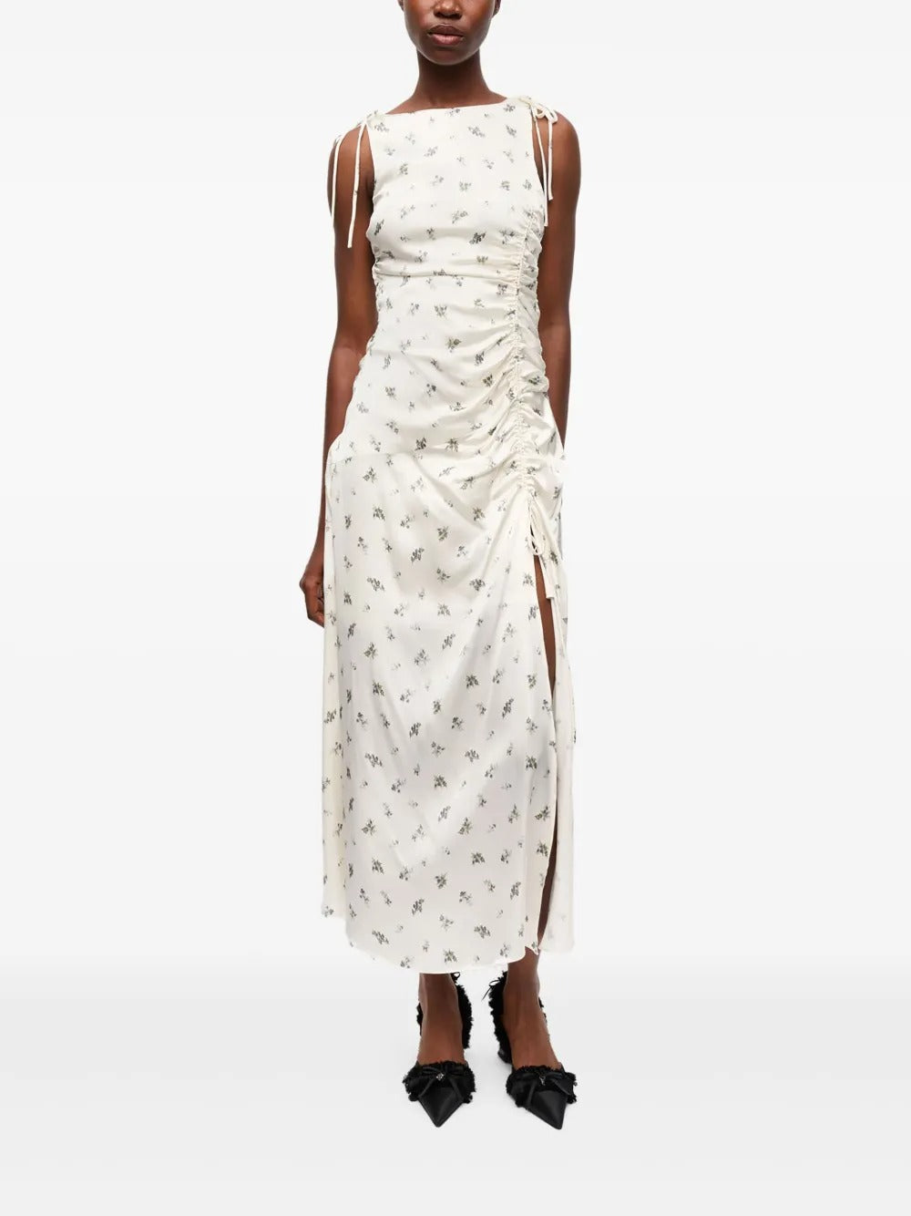 GANNI-Printed Satin Gathered Long Dress-