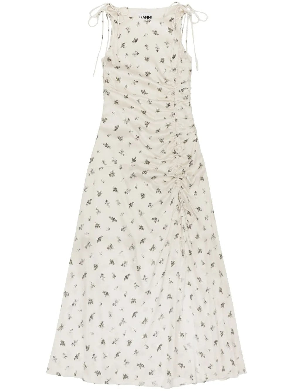 GANNI-Printed Satin Gathered Long Dress-