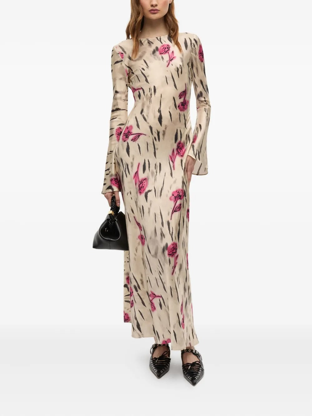 GANNI-Printed Stretch Satin Long Sleeve Maxi Dress-
