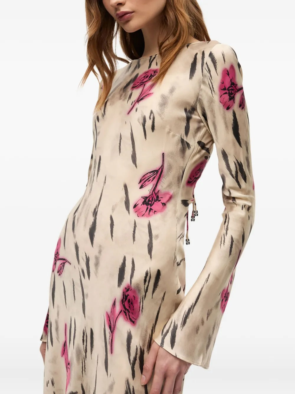 GANNI-Printed Stretch Satin Long Sleeve Maxi Dress-
