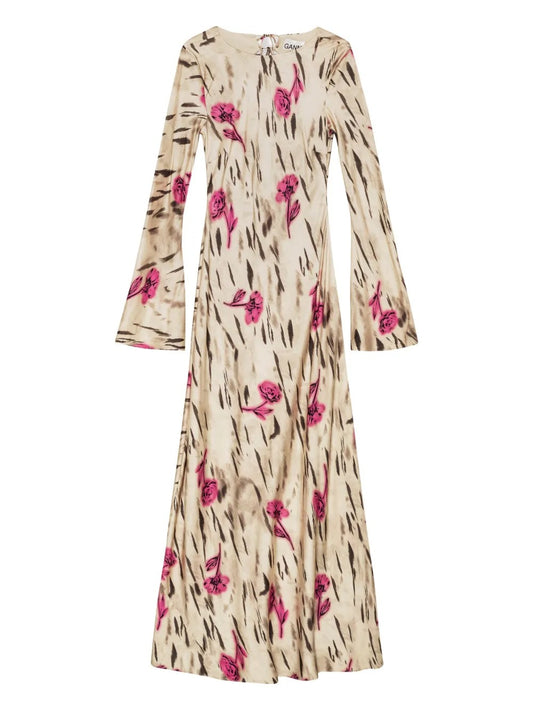 GANNI-Printed Stretch Satin Long Sleeve Maxi Dress-