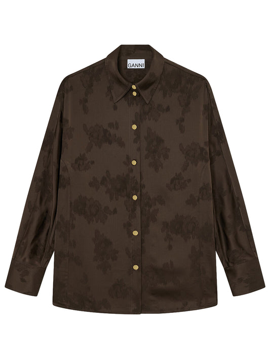 GANNI-Fluid Satin Jacquard Long Sleeve Shirt-