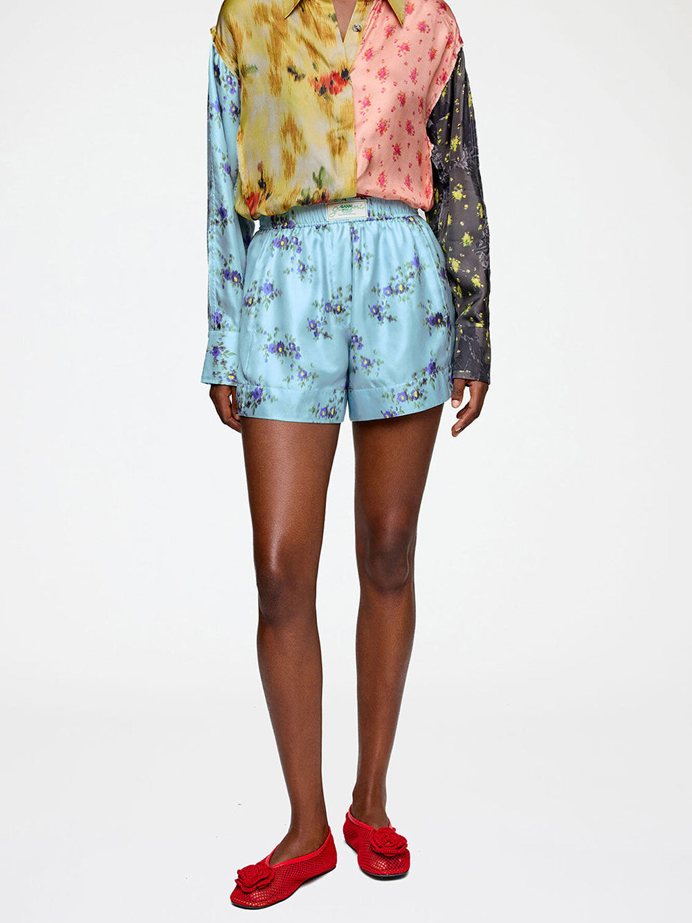 GANNI-Printed Silk Twill Elasticated Shorts-