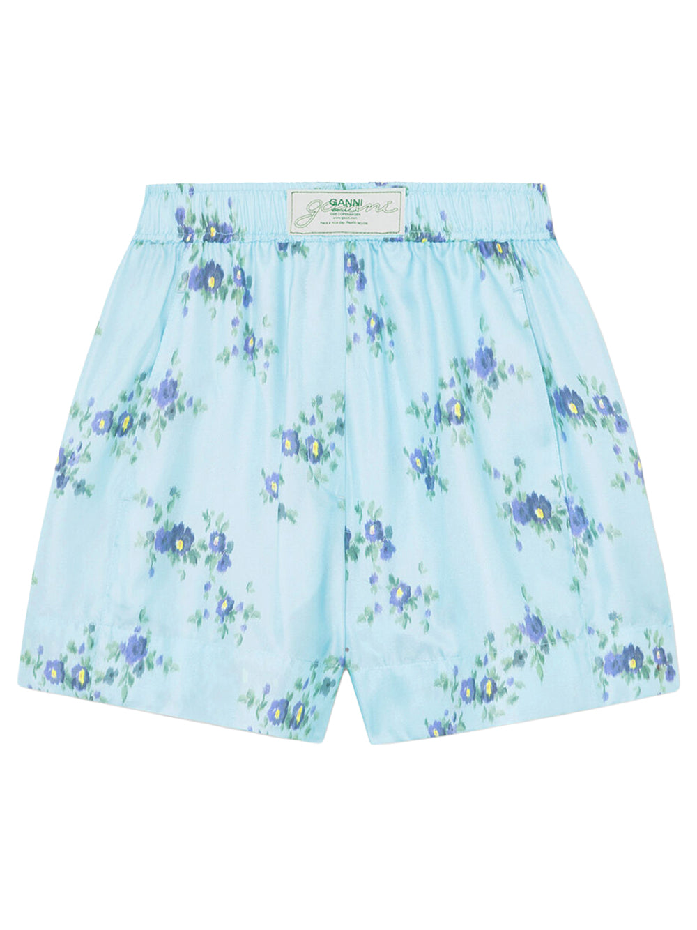 GANNI-Printed Silk Twill Elasticated Shorts-