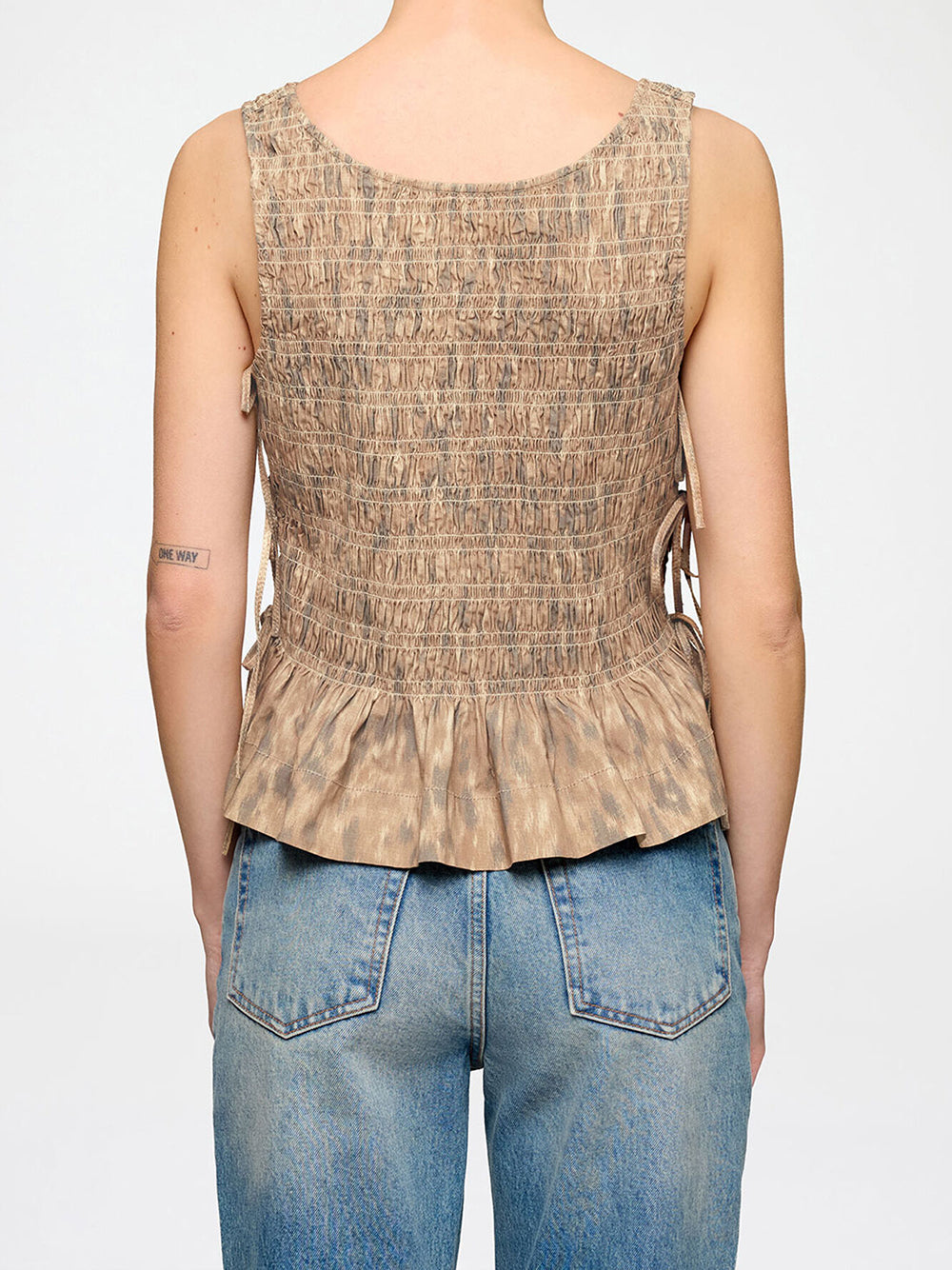 GANNI-Printed Stretch Cotton Smocked Tie String Top-
