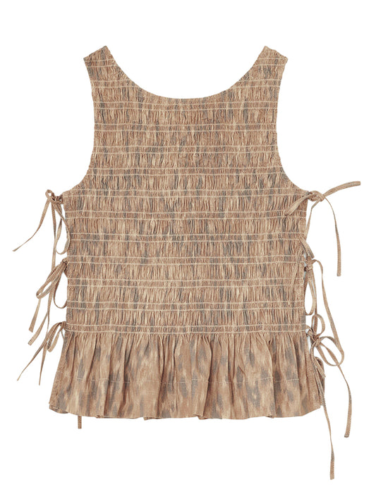 GANNI-Printed Stretch Cotton Smocked Tie String Top-