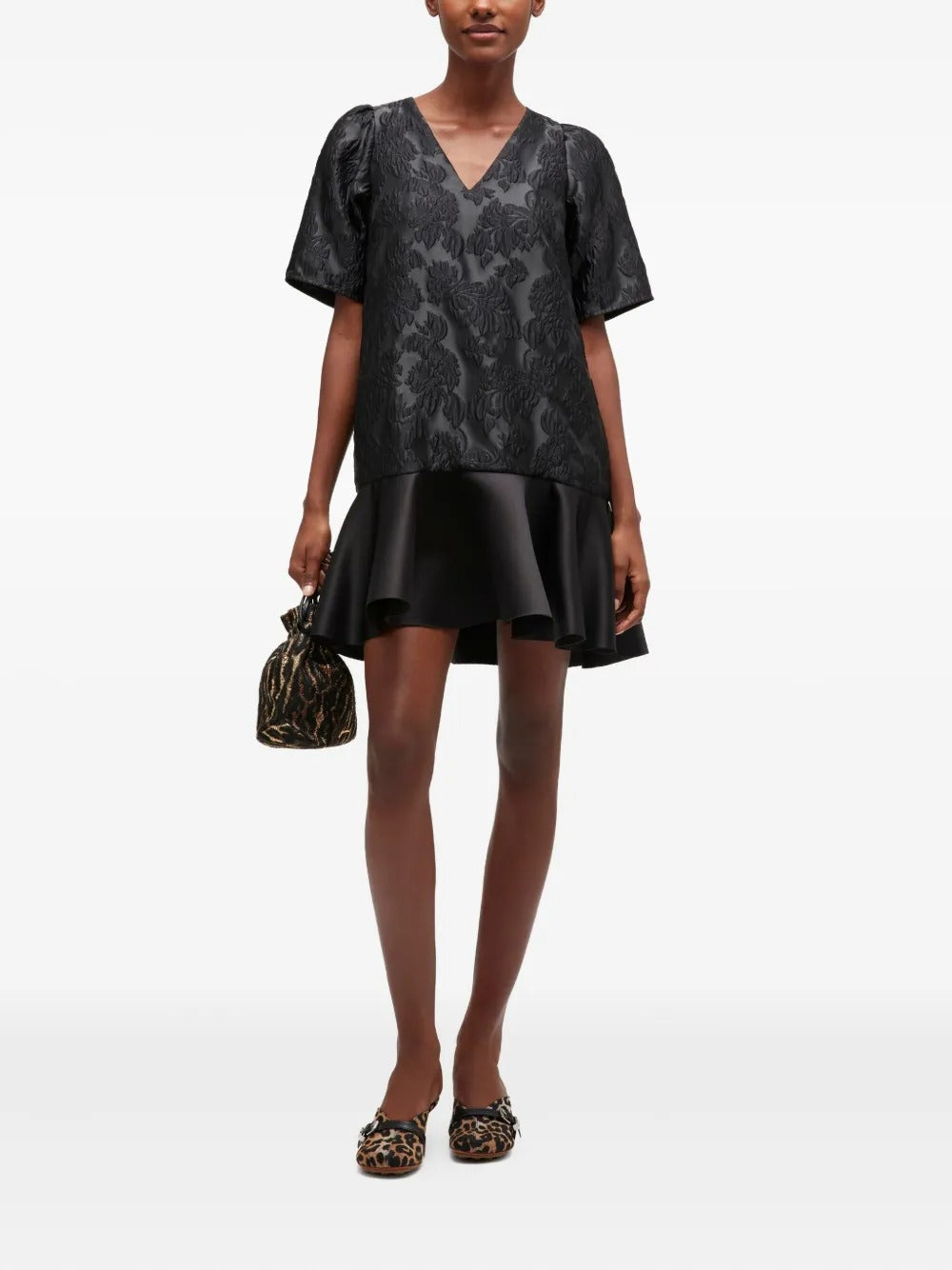 GANNI-Satin Cloque Mini V-neck Dress-