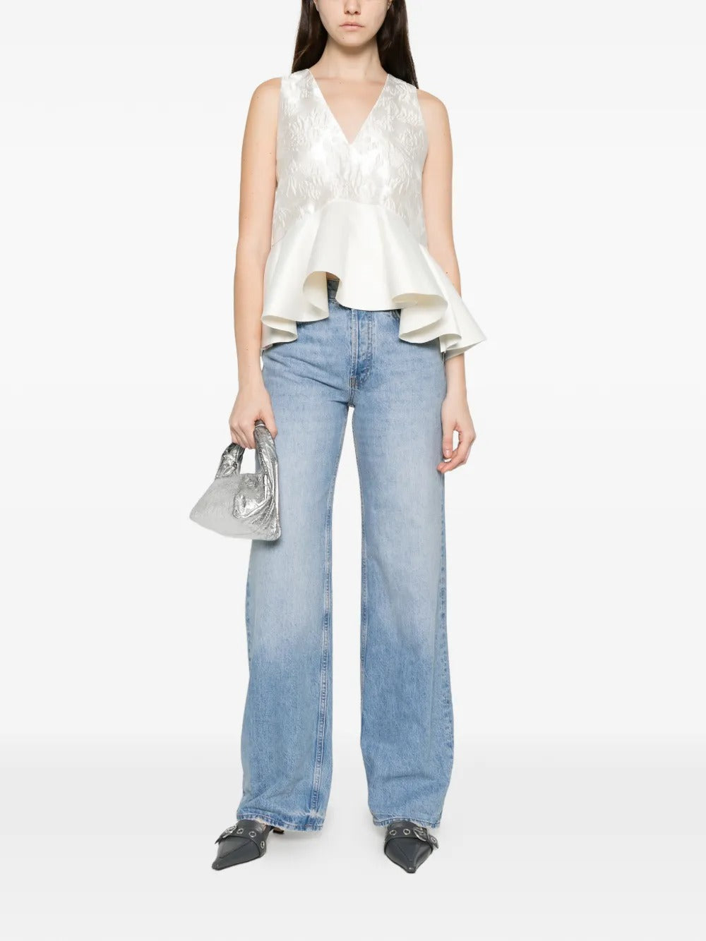GANNI-Satin Cloque Sleeveless Peplum Blouse-