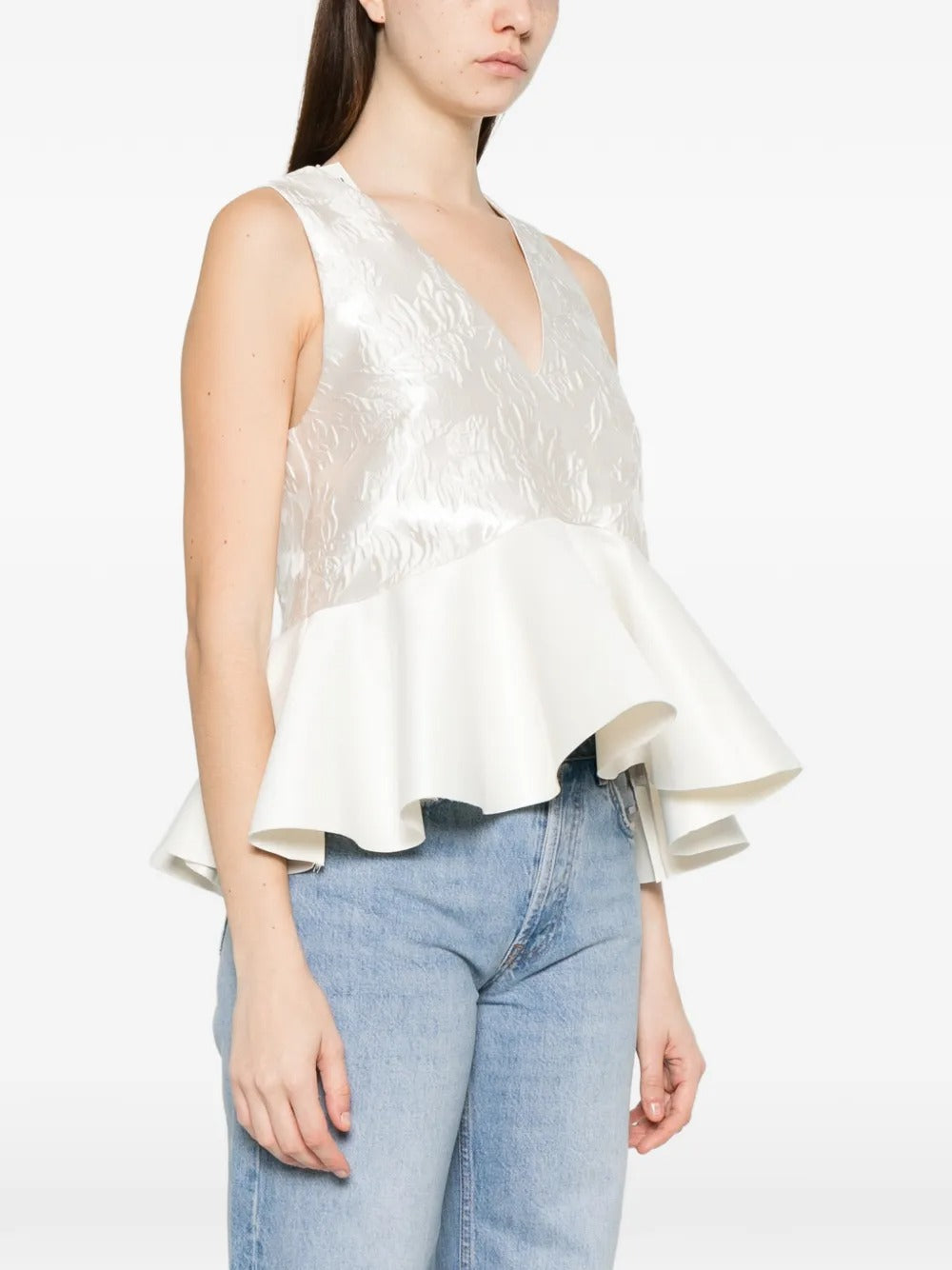 GANNI-Satin Cloque Sleeveless Peplum Blouse-