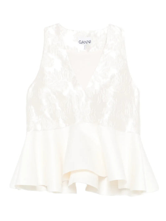 GANNI-Satin Cloque Sleeveless Peplum Blouse-