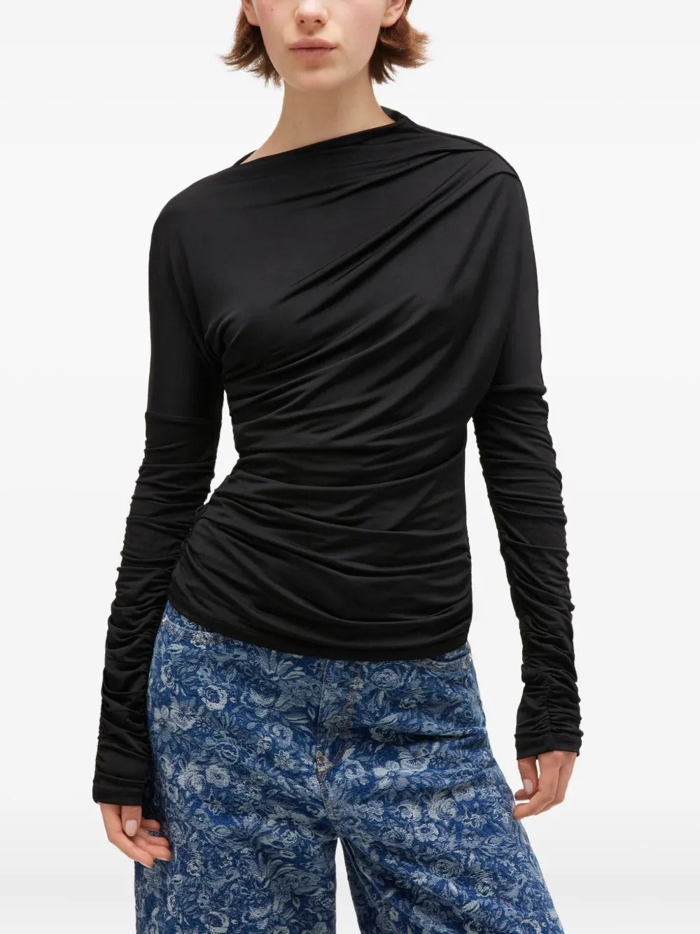 GANNI-Shiny Jersey Ruched Top-