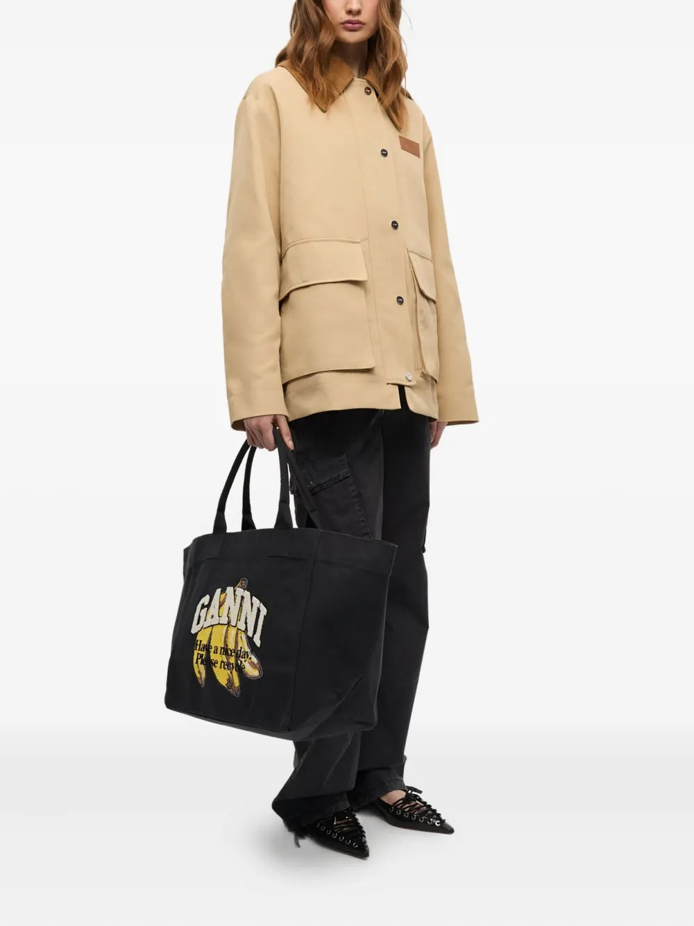 GANNI-Shopper XXL Pocket Banana Print-