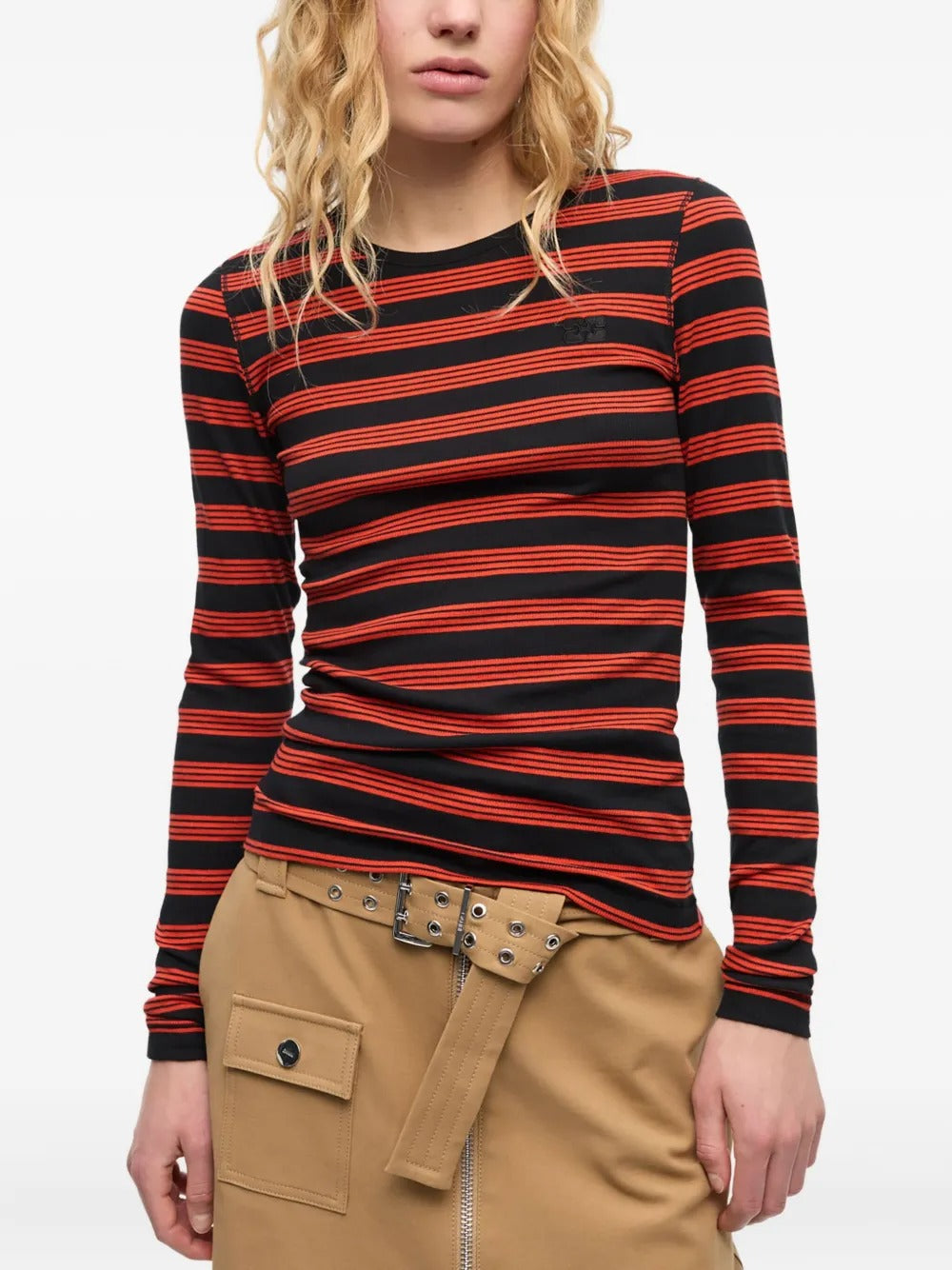 GANNI-Soft Cotton Rib Striped Long Sleeve-
