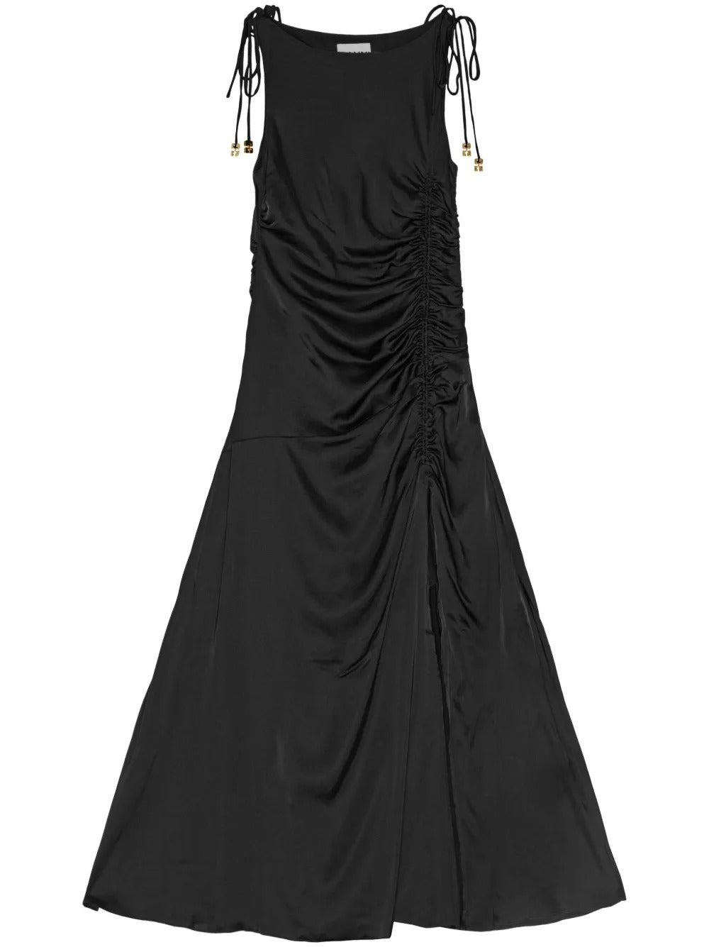 GANNI-Solid Satin Gathered Long Dress-