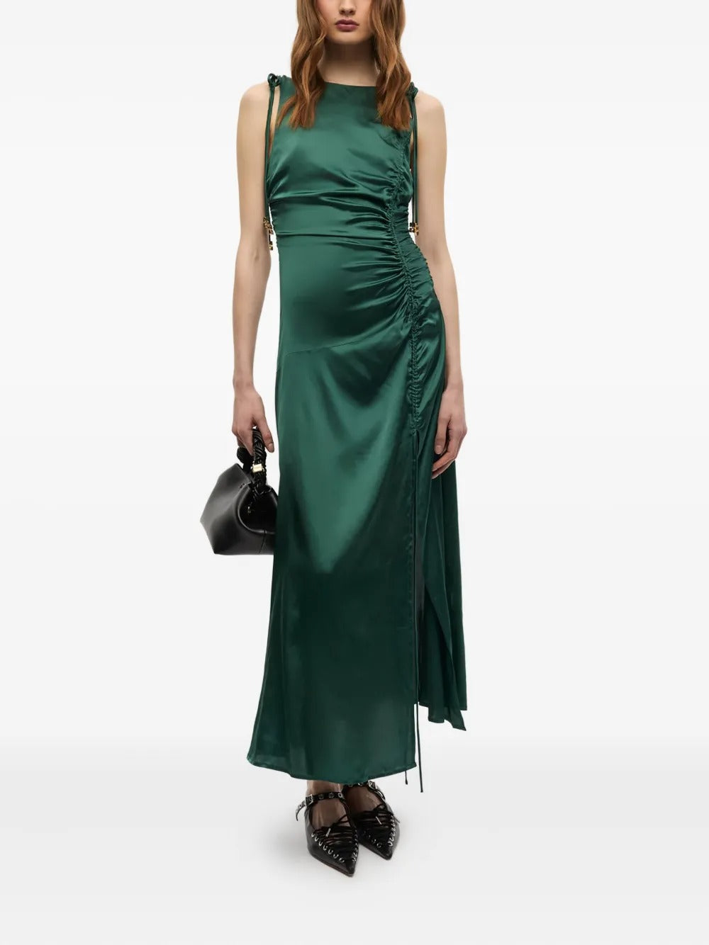 GANNI-Solid Stretch Satin Gathered Long Dress-