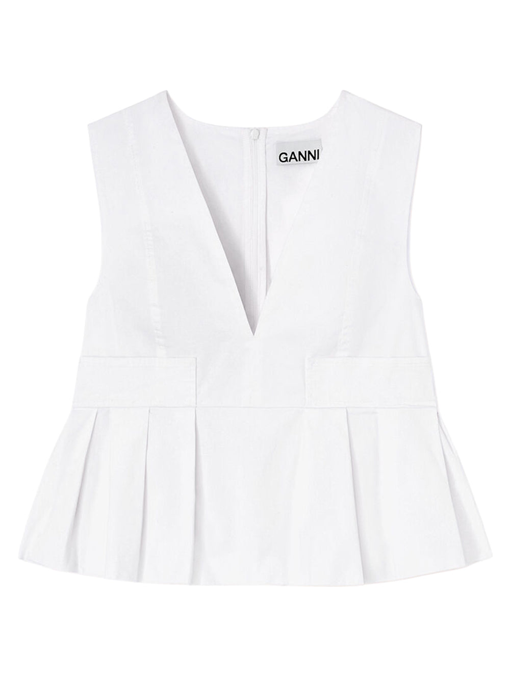 GANNI-Stretch Cotton V-neck Pocket Blouse-