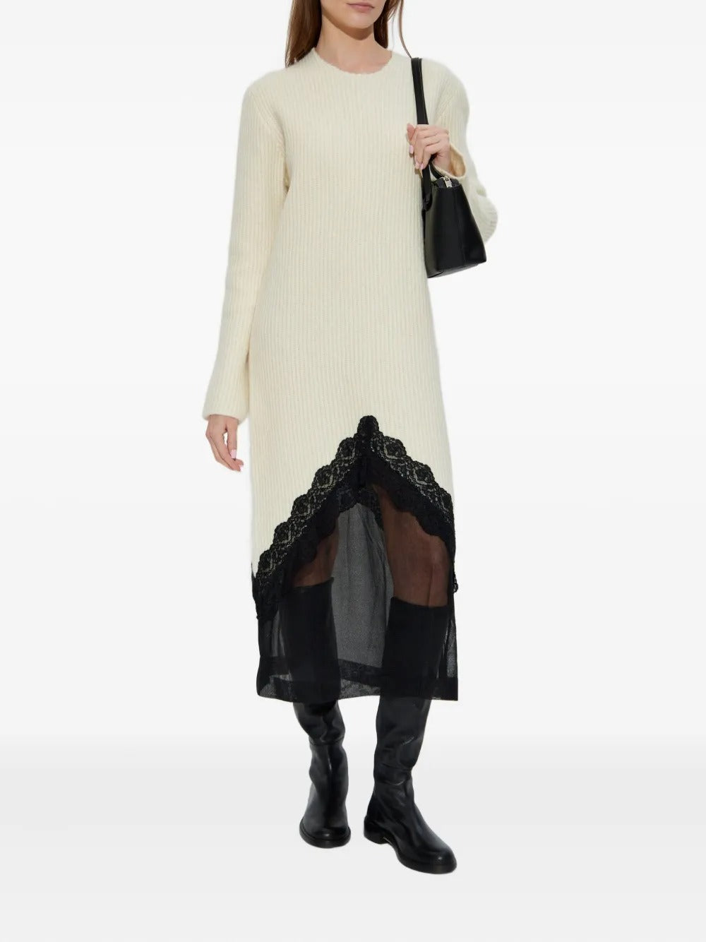 JIL SANDER-LS CN KNIT DRESS WITH LACE TRIM-