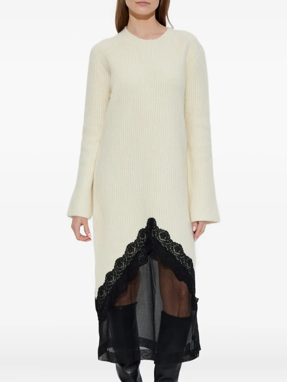JIL SANDER-LS CN KNIT DRESS WITH LACE TRIM-