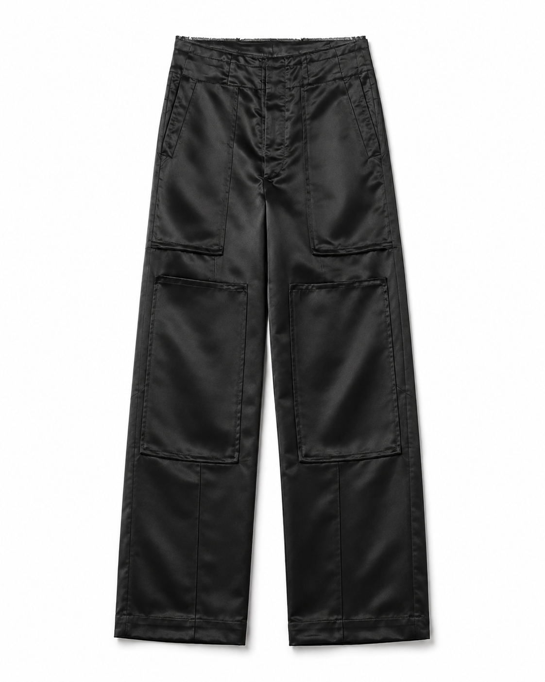 Black wide-leg cargo pants with a high waist, featuring multiple large patch pockets on the front, laid flat against a white background.