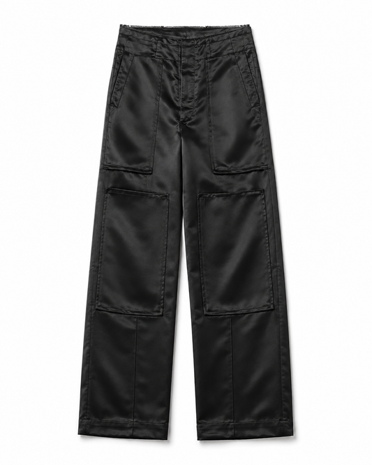 Black wide-leg cargo pants with a high waist, featuring multiple large patch pockets on the front, laid flat against a white background.