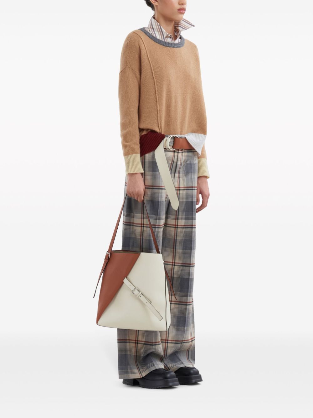 MARNI-CHECKED FLARED LEG TROUSERS-