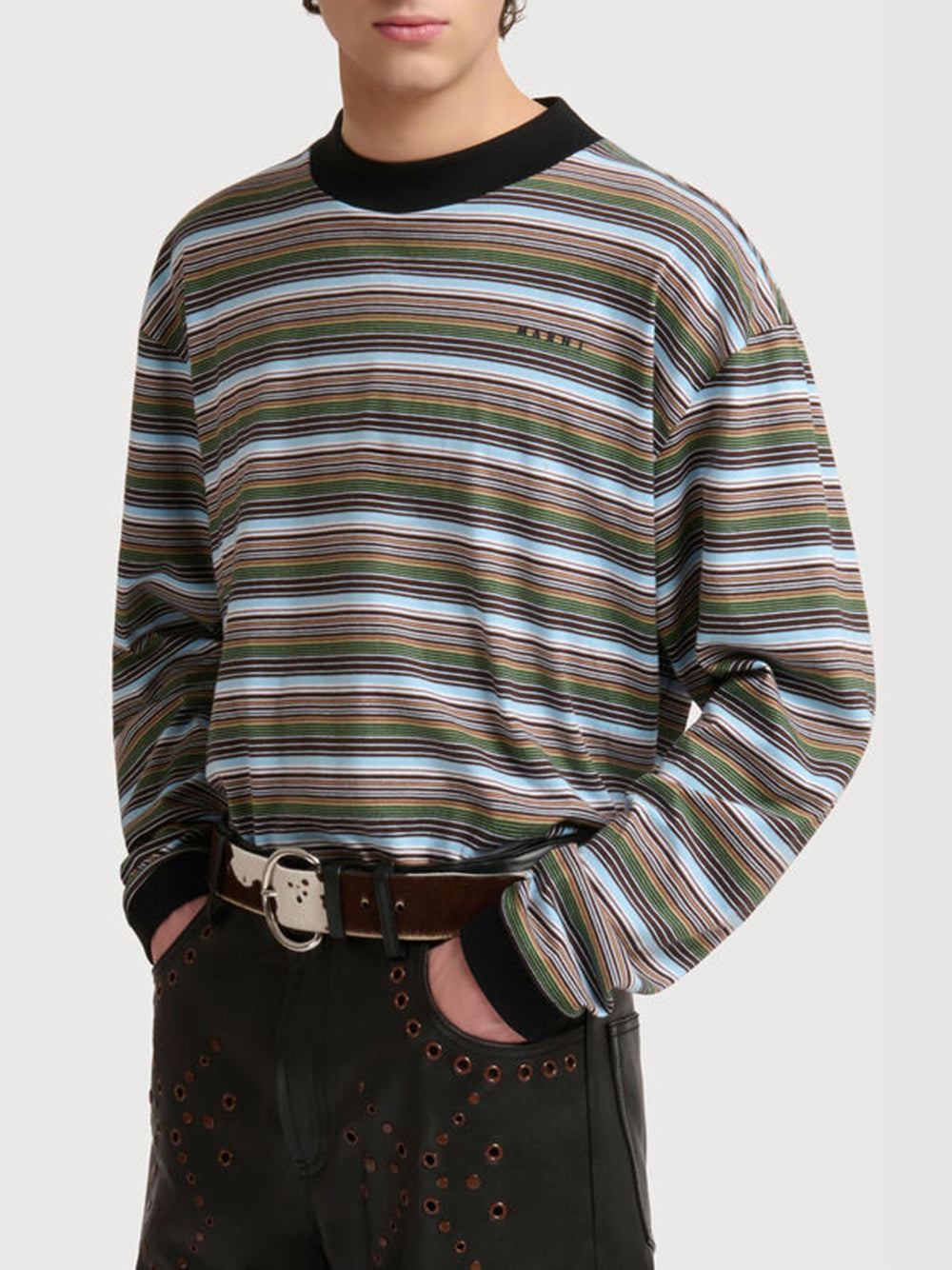 Multicolor striped cotton long-sleeved T-shirt