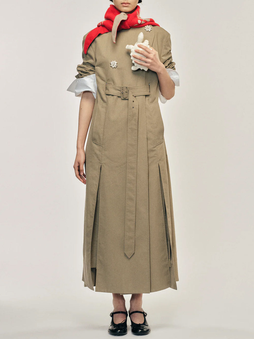 SIMONE ROCHA-BELTED LONG MULTI SLIT TRENCH COAT-