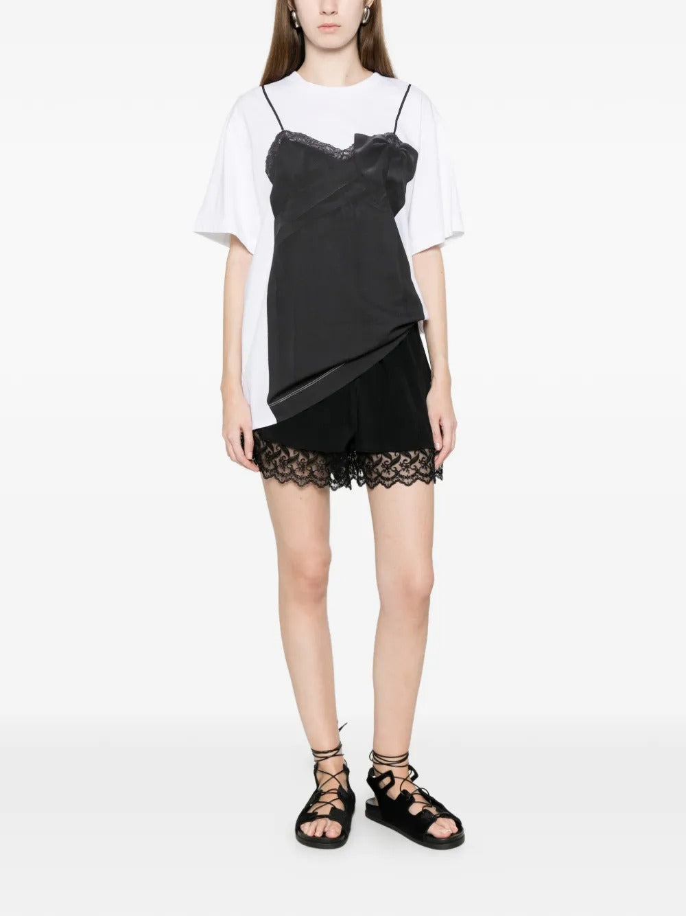 SIMONE ROCHA-BOW SASH SLIP DRESS TROMPE L`OEIL PRINT T-SHIRT-