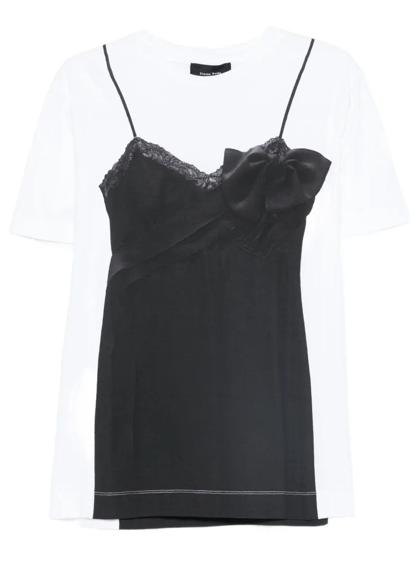 SIMONE ROCHA-BOW SASH SLIP DRESS TROMPE L`OEIL PRINT T-SHIRT-