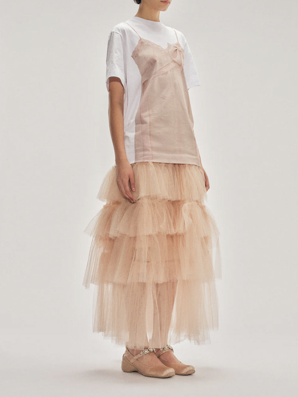 SIMONE ROCHA-BOW SASH SLIP DRESS TROMPE L`OEIL PRINT T-SHIRT-